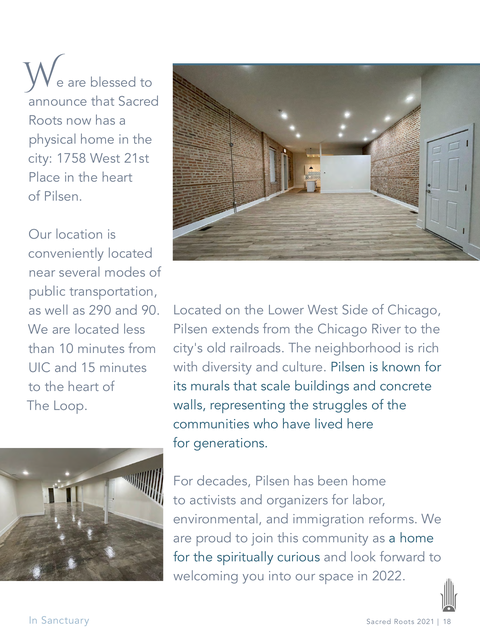 Page 18 of the 2021 Year in Review, announcing a physical home in Pilsen and showing photographs of the room.